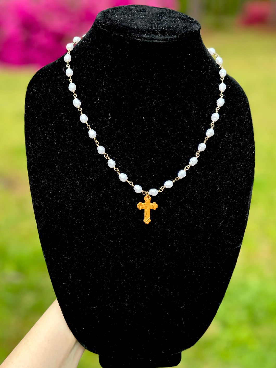 Pearl Necklace with Gold Cross