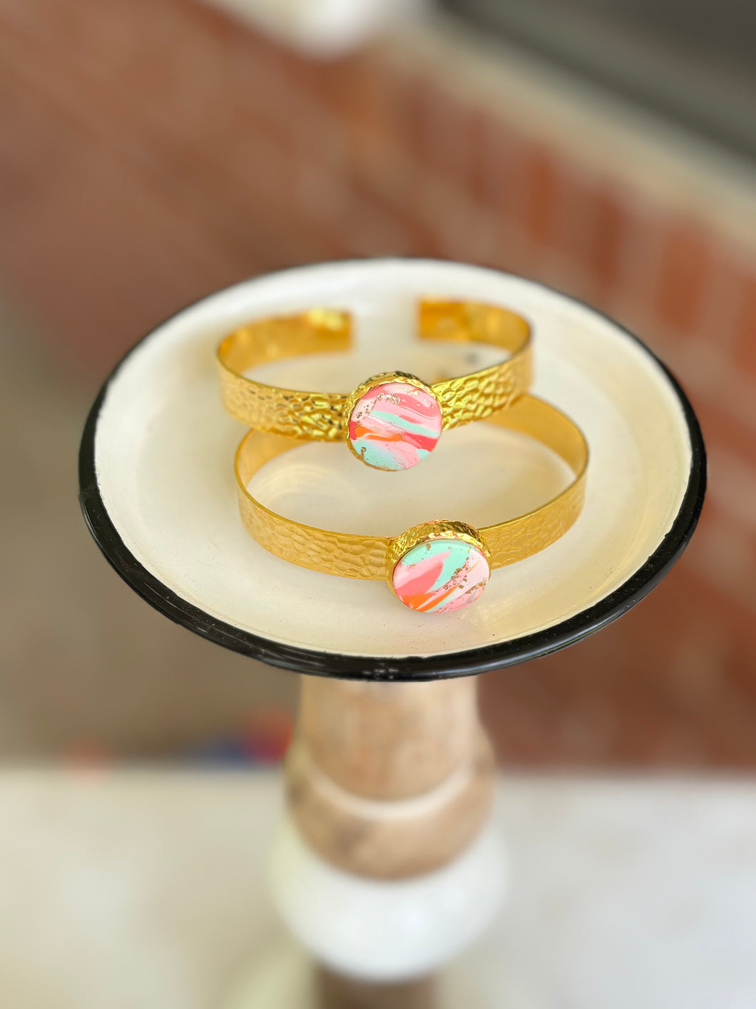 Pink & Mint Marbled Bangle - Round Charm & Cuff