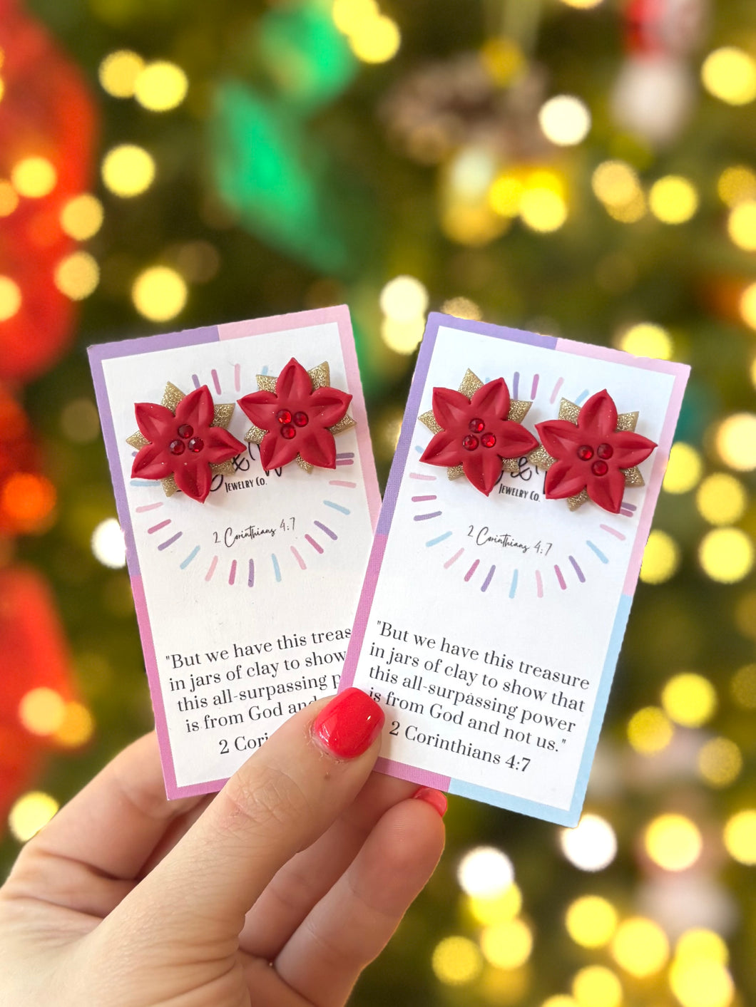 Rhinestone Poinsettia Earrings - Red Studs