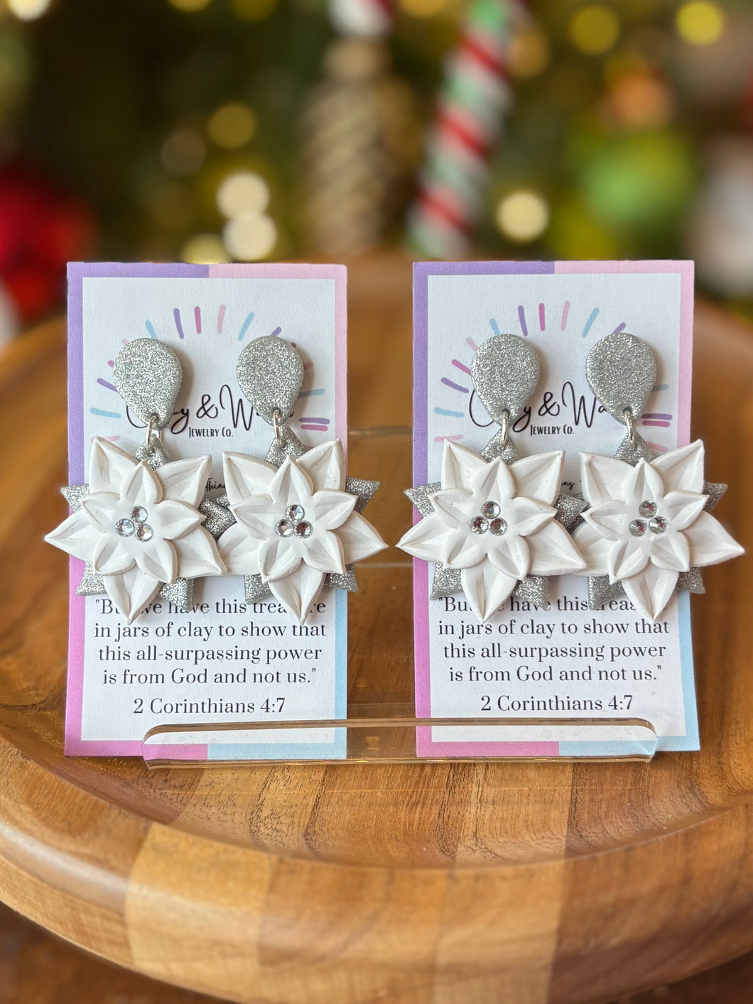 Rhinestone Poinsettia Earrings - White